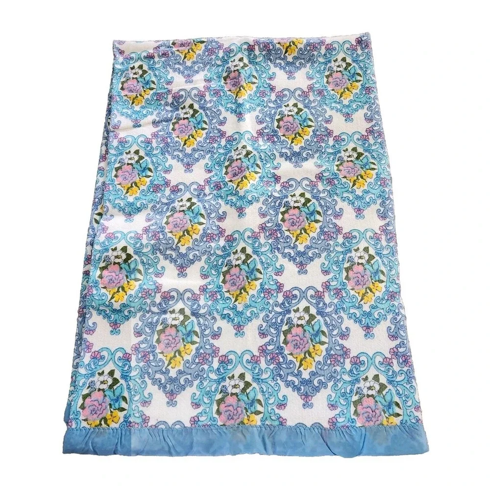 JC Penney Fashion Manor Floral Blue Satin Trim Blanket Twin Full Vintage